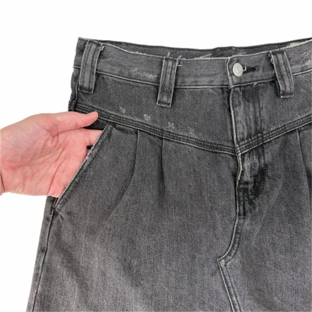 We the Free People Sidecar Raw Hem Fringe Black Faded Denim Cotton MIni Skirt